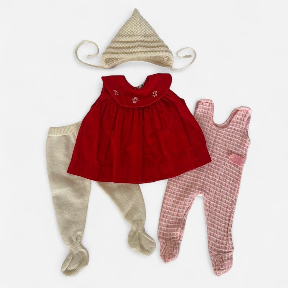 VTG 1960s Baby Girl Winter Clothes Lot Velvet Dress Footed Romper Bonnet 6-12M